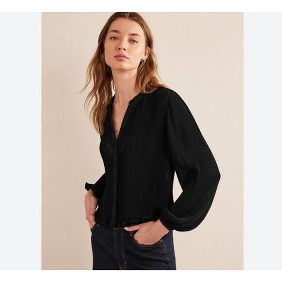 Boden Size 10 Black Plisse Micro Pleated Button Front Long Sleeve Top Blouse - Picture 2 of 8